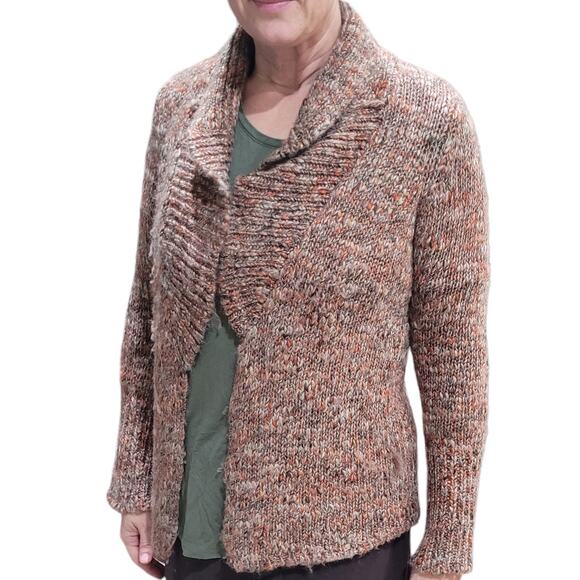 Talbots SP Wool Blend Cardigan Brown Orange Speckled Waterfall Cozy Fall Sweater - Picture 3 of 8
